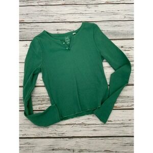 PS Basics by PacSun Green Ribbed Henley Long Sleeve Lettuce Edge Top‎ XS